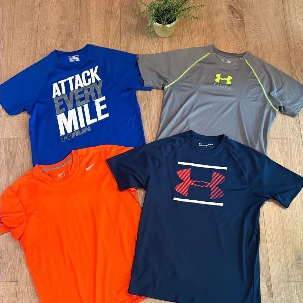 ((4 PIECE)) MENS NIKE AND UNDER ARMOUR SHORT SLEEVE WORKPUT TEE BUNDLE SIZE MED